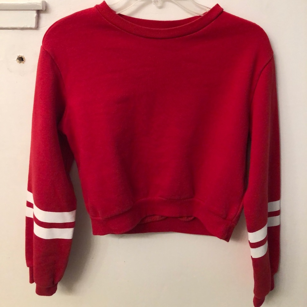 Red Cropped Sweatshirt w/ Striped Sleeves